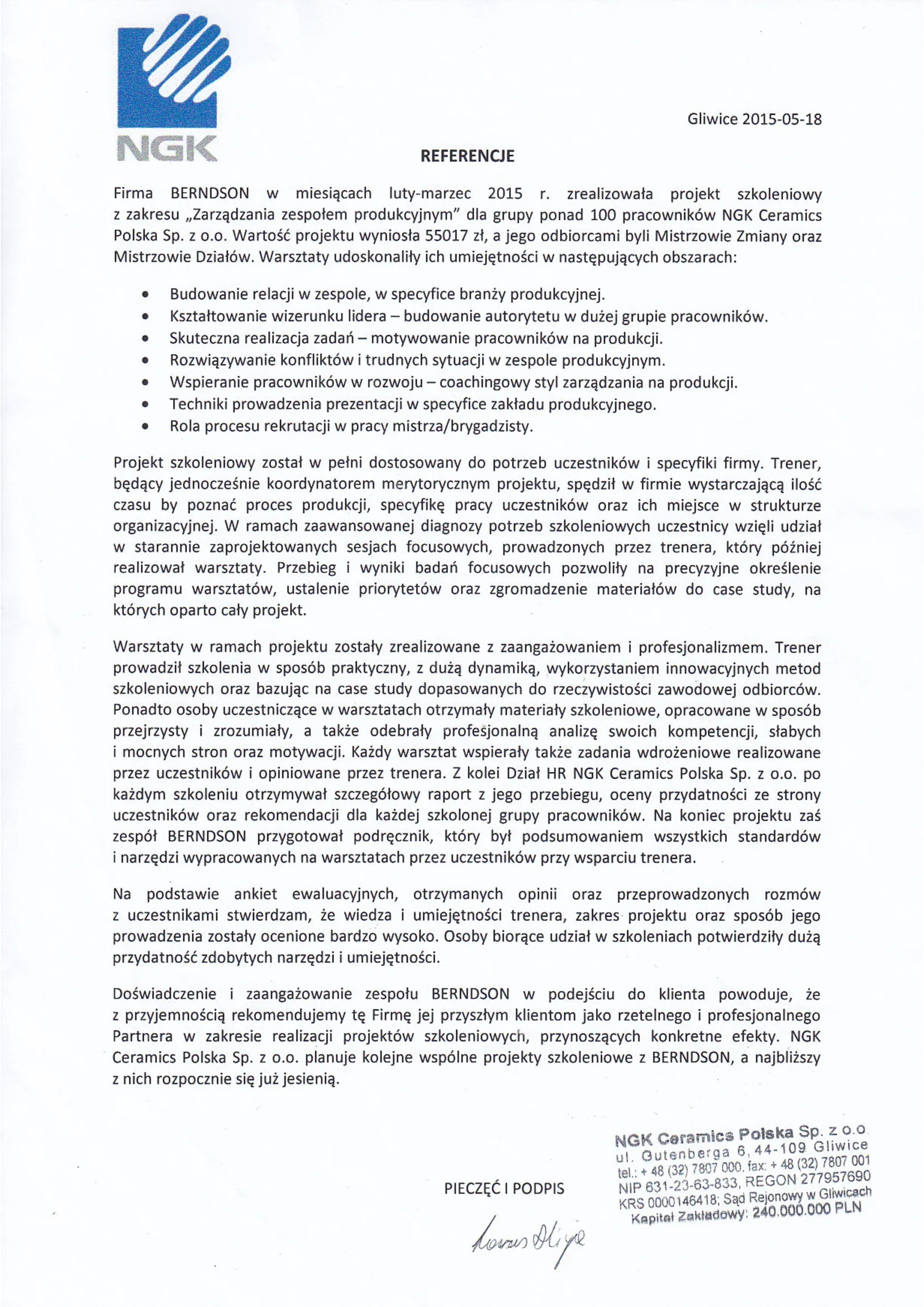 1. strona: Referencja NGK